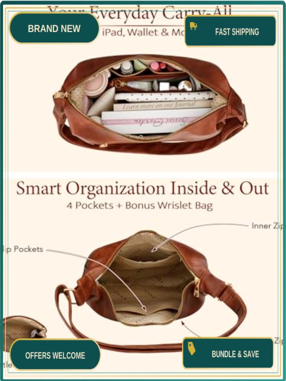 Slouchy Hobo Shoulder Bag Vegan Leather Adjustable Crossbody Purse - Picture 4 of 6